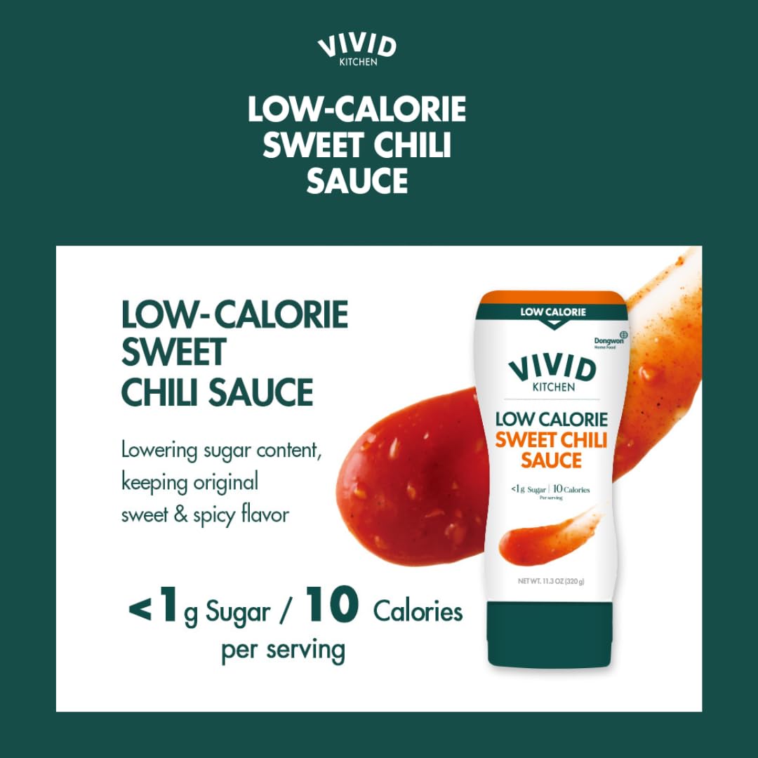 VIVID KITCHEN Low-Calorie Sweet Chili Sauce - 2 Pack - Low Sugar, 10 Cal/Serving - No Preservatives or MSG - Easy Squeeze Bottle - Healthy