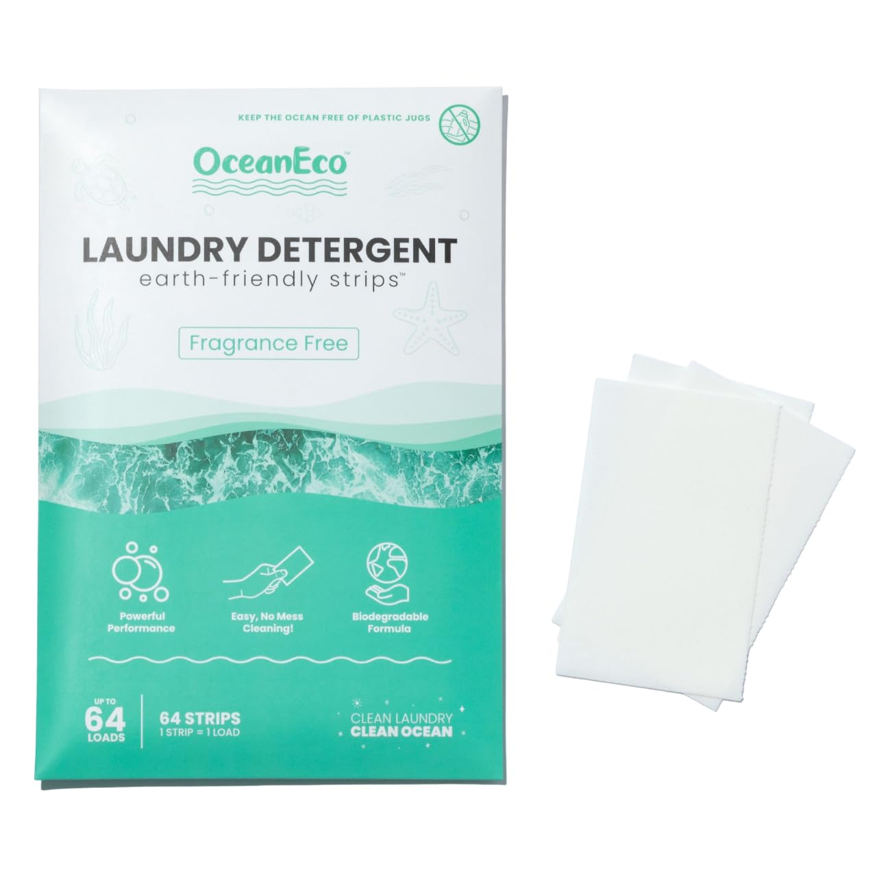 OceanEco™ Earth-Friendly Laundry Detergent Strips - 64 Loads | Ultra-Concentrated, Zero-Waste, Biodegradable, Cruelty-Free & Vegan (Fragrance Free)