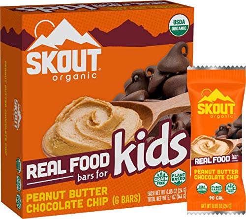 Skout Organic Peanut Butter Chocolate Chip Real Food Bars for Kids (6 Pack) | Organic Snacks for Kids | Plant-Based Nutrition, | Vegan | Gluten