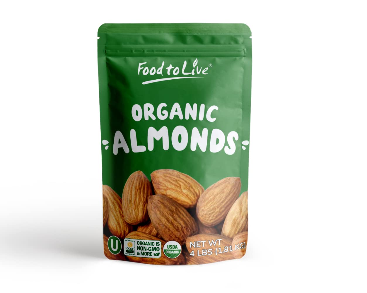 Food to Live - Organic Imported Raw Almonds, 4 Pounds Non-GMO, Whole, Raw, No Shell, Unpasteurized, Unsalted, Vegan, Kosher, Bulk.