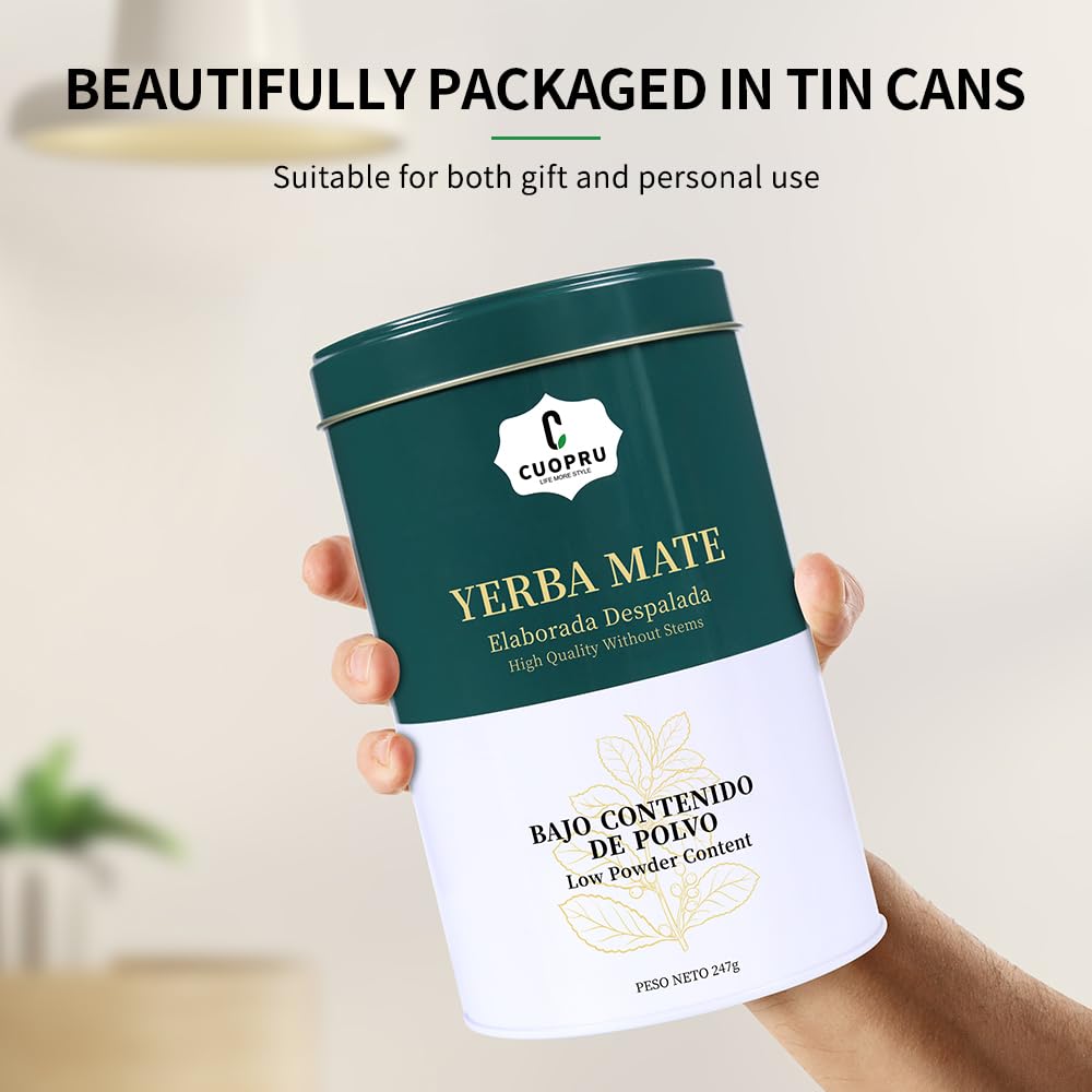 Yerba Mate, CUOPRU Traditional Argentinian Mate Tea, Low Tea Powder, Original Leaves without Stems, Included Portable Storage Container(Green