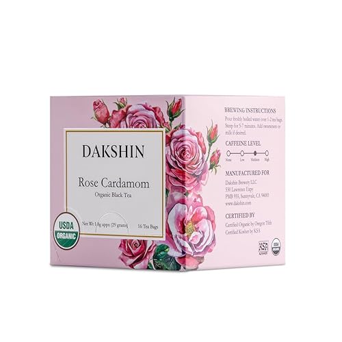 DAKSHIN Organic Rose Cardamom Tea Bags | Black Tea with Rose Petals, Ginger Root & Cloves | Naturally Warming & Comforting | USDA Organic | 16 Tea
