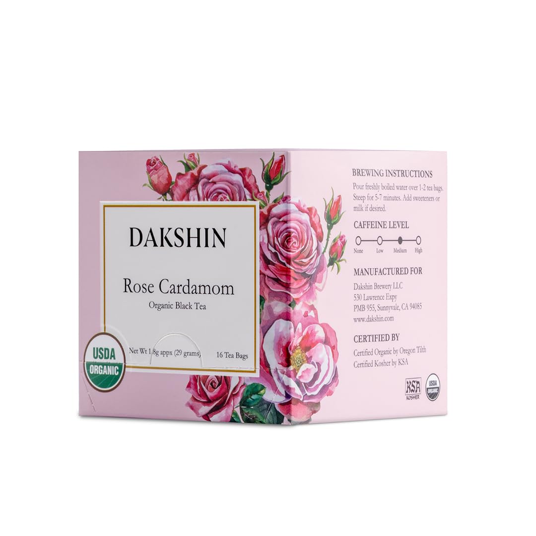 DAKSHIN Organic Rose Cardamom Tea Bags | Black Tea with Rose Petals, Ginger Root & Cloves | Naturally Warming & Comforting | USDA Organic | 16 Tea