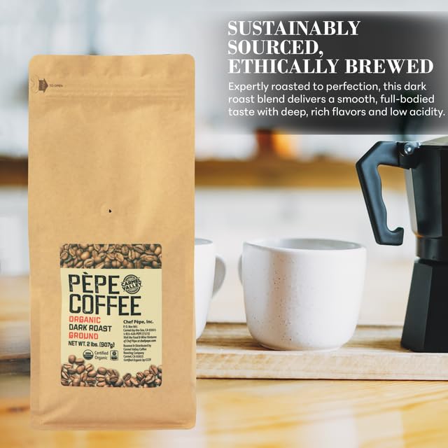 Pepe Coffee Organic Dark Roast Ground Coffee 2 lb 1-pack by Chef Pepe