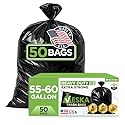 Veska 55 Gallon Trash Bags Heavy Duty, (Value-Pack 50 Count w/Ties) 55-60 Gallon Trash Bags Large Black 50-60 Gallon Garbage Liners for Lawn, Leaf