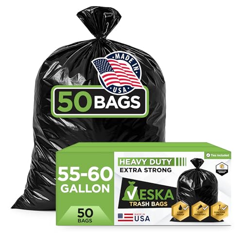 Veska 55 Gallon Trash Bags Heavy Duty, (Value-Pack 50 Count w/Ties) 55-60 Gallon Trash Bags Large Black 50-60 Gallon Garbage Liners for Lawn, Leaf