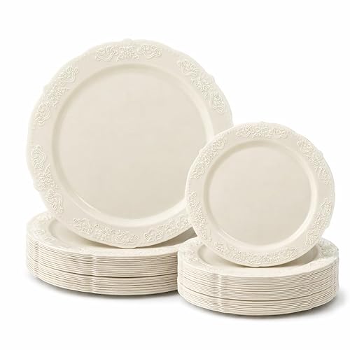 OCCASIONS 50 Piece Ivory Plastic Plates for 25 Guests, Heavy Duty Fancy Disposable Dinnerware Set, 25 Dinner 10.25" & 25 Salad/Dessert, China-Like