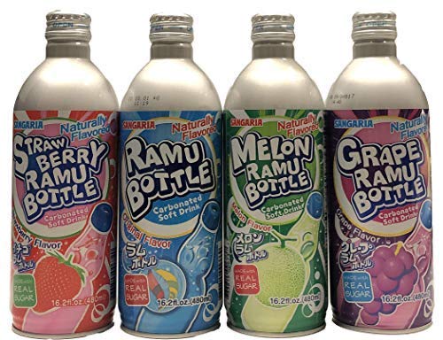 [JapanRare] SANGARIA RAMUNE MIX COMBO (ORIGINAL, MELON, GRAPE, STRAWBERRY) - 24 ALUMINUM BOTTLES, 16.2 FL OZ EACH