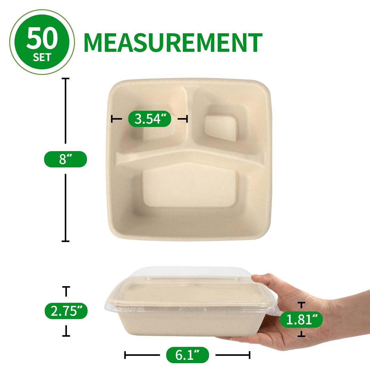 bloomoon 3 Compartment 8x8 inch Take Out Lunch Box Containers with Lids, Disposable 3 Compartment Meal Prep Bento Box Containers, 50 Bowls 50 Lids