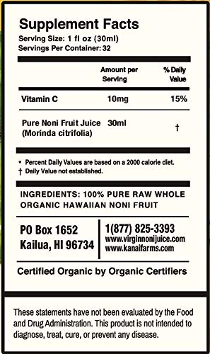 Virgin Noni Juice - RAW (Unpasteurized) 100% Pure Organic Hawaiian Noni Juice - 32oz Glass Bottle