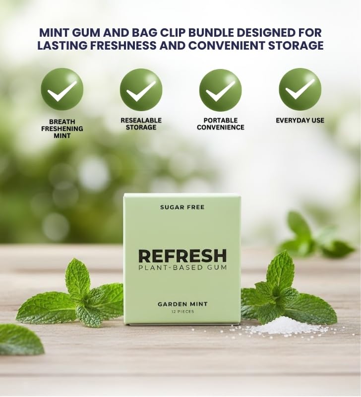 1x Refresh Gum Garden Mint (12 PC.) Bundle with Plastic Bag Clip for Resealing Packs and Maintaining Neat Storage - Gift Set (2 Items)