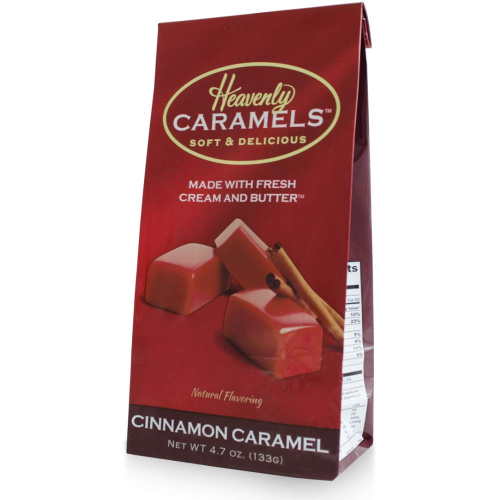 J Morgan Confections Heavenly Caramel | Cinnamon Flavor | 4.7 oz Bag, 4-Pack | Gourmet Soft and Chewy Butter Caramel Candies | Hand-Crafted Golden