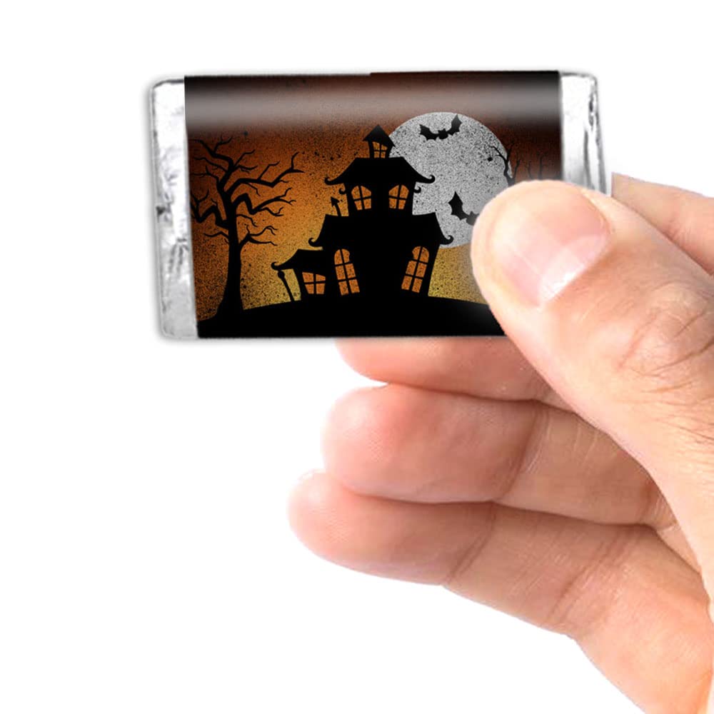 Amanda Creation Spooky Halloween Haunted House Mini Chocolate Candy Bar Sticker Wrappers, 45 1.4" x 2.6" Wrap Around Labels, Great for Party Favors