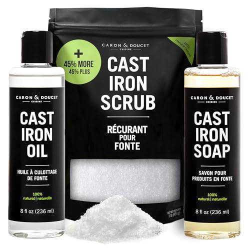 CARON & DOUCET - New Ultimate Cast Iron Set: Seasoning Oil, Cleaning Soap & Restoring Scrub | 100% Plant-Based & Best for Cleaning Care, Washing