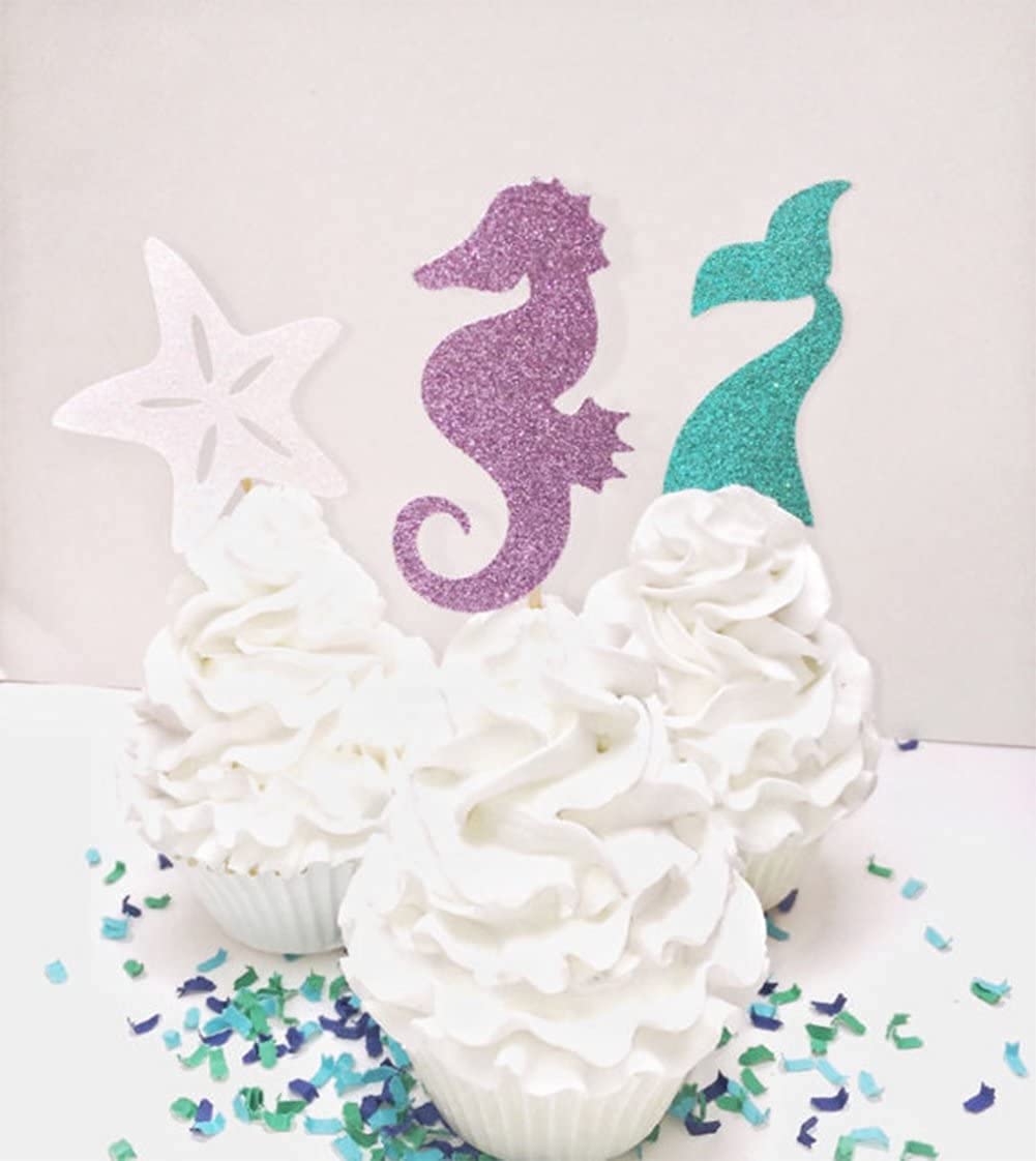 24 Pieces Mermaid Theme Glitter Cupcake Topper Cake Picks Decoration for Birthday Party Favors, Mermaid Tail, Seahorse and Starfish Food Picks