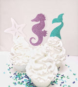 24 Pieces Mermaid Theme Glitter Cupcake Topper Cake Picks Decoration for Birthday Party Favors, Mermaid Tail, Seahorse and Starfish Food Picks