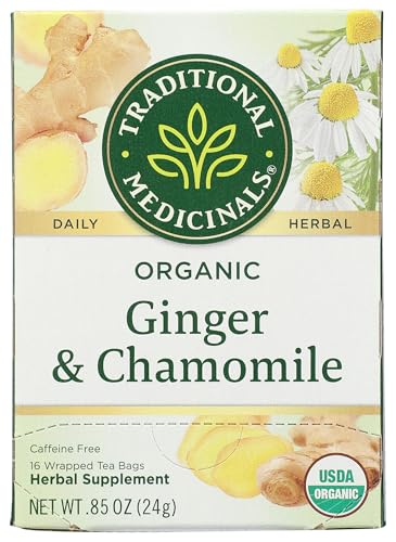 Traditional Medicinals Organic Ginger & Chamomile Herbal Tea, Relieves Occasional Indigestion or Nausea, (Pack of 1) - 16 Tea Bags