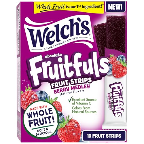 Welch's Absolute Fruitfuls Fruit Strips, Tasty Dried Fruit Snacks for School Lunches, Berry Medley, 0.5oz (Pack of 10)