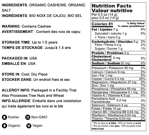 Food to Live Organic Dry Roasted Whole Cashews with Himalayan Salt, 1 Pound Non-GMO, Oven Roasted and Lightly Salted Nuts, No Oil Added, Vegan