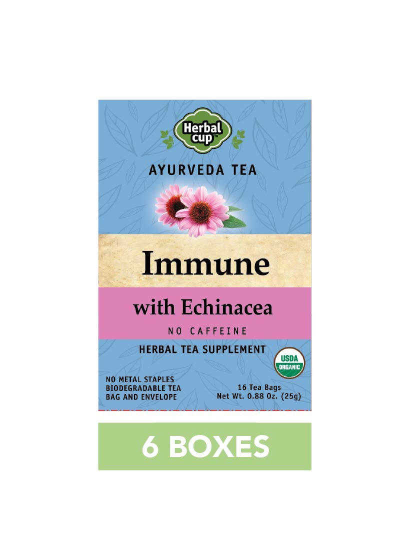 Herbal Cup Ayurveda Immune Tea, Organic Echinacea Booster, No Caffeine Herbal Teas (Immune Echinacea, 16 Count (Pack of 6))