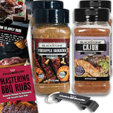 Blackstone Pineapple Sriracha & Cajun Seasoning - Gourmet Griddle Premium BBQ Barbecue Rub 4 Pk Choice Bundle (30.4 oz) + BBQ Guide & Bottle Opener (6