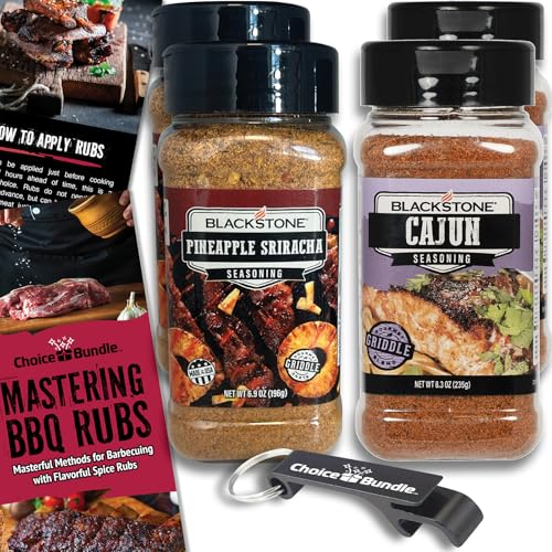 Blackstone Pineapple Sriracha & Cajun Seasoning - Gourmet Griddle Premium BBQ Barbecue Rub 4 Pk Choice Bundle (30.4 oz) + BBQ Guide & Bottle Opener (6