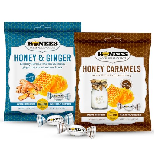 Honees Hard Candy Individually Wrapped - Variety Pack (Honey & Ginger + Honey & Caramel) - Natural & Healthy Candy, Italian Made - 2 Pack (5.7 oz)