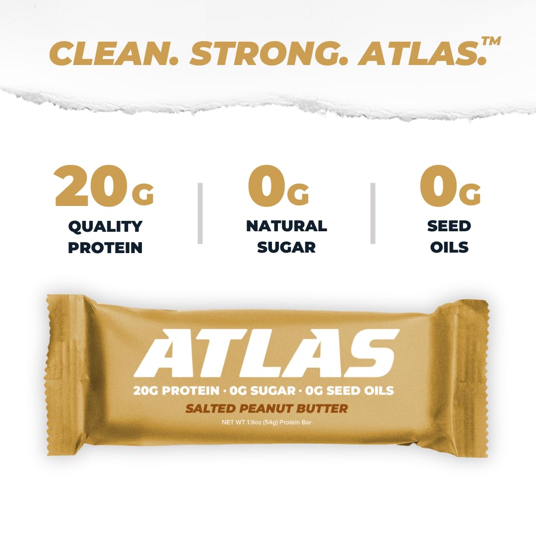 Atlas Real Food Protein Bar - 20g Protein, 11g Fiber, 1g Sugar, No Seed Oils, No Artificial Sweeteners (Salted Peanut Butter, 12 Count)