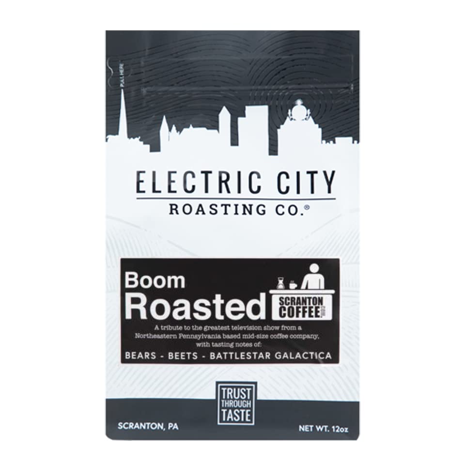 Boom Roasted Coffee, Dark Roast, Electric City Roasting, The Office Gifts, Specialty Coffee, 12 Ounce Bag
