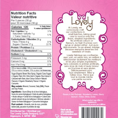 Lovely Candy Co. Organic Chewy Candies 5oz Bag (3-pack) | Natural Strawberry, Lemon & Cherry Flavors | Vegan, Gluten Free, Non-GMO, No Artificial