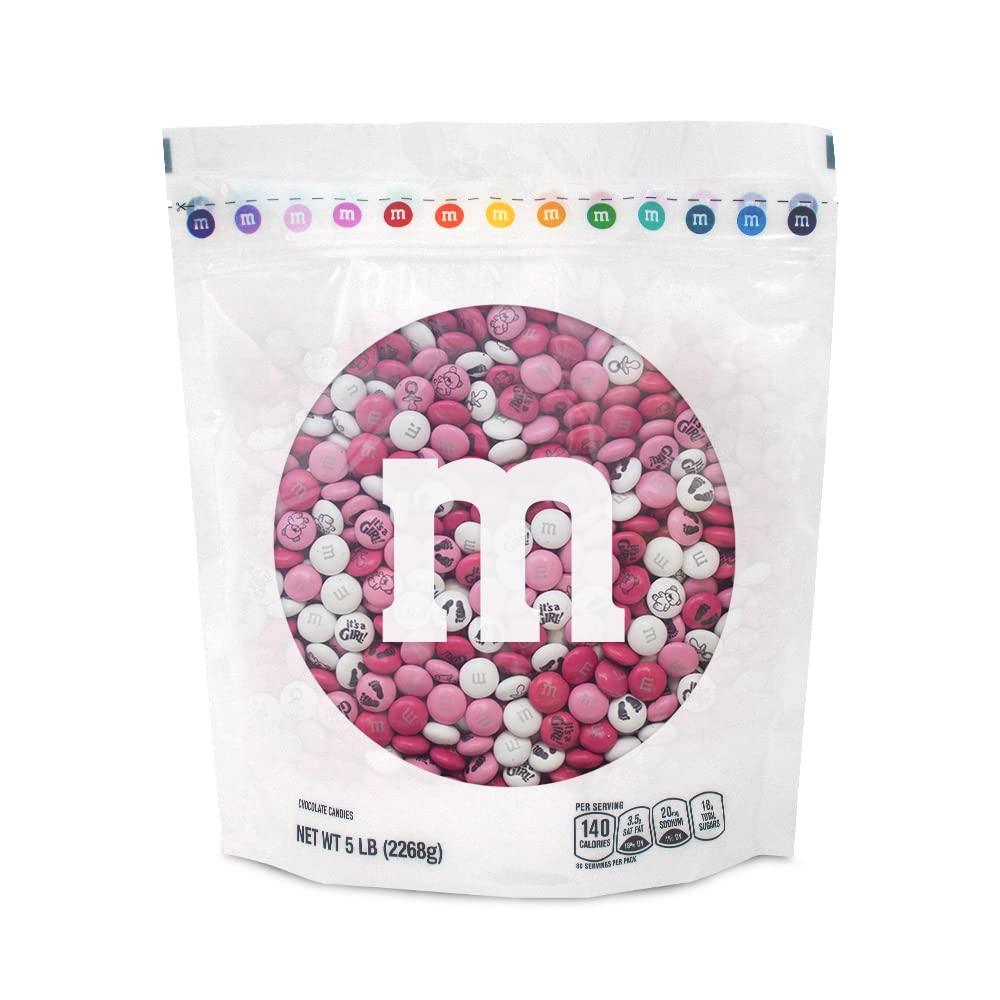M&M’S WORLD Baby Girl Milk Chocolate Candy, 5lbs of Pink, Dark Pink & White Bulk M&M'S with It's A Girl Themed Icons for Baby Showers & Gender Reveal
