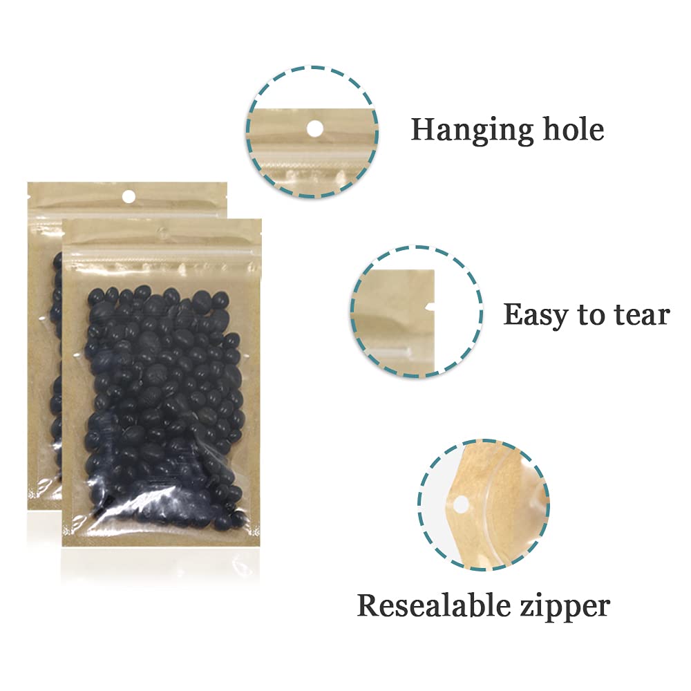 FERENLI 100Pcs Clear Brown Kraft Paper Plastic for Zip Reclosable Bag Lock Flat Heat Sealable Smell Proof Packaging Bags Zipper Lock Coffee Plastic