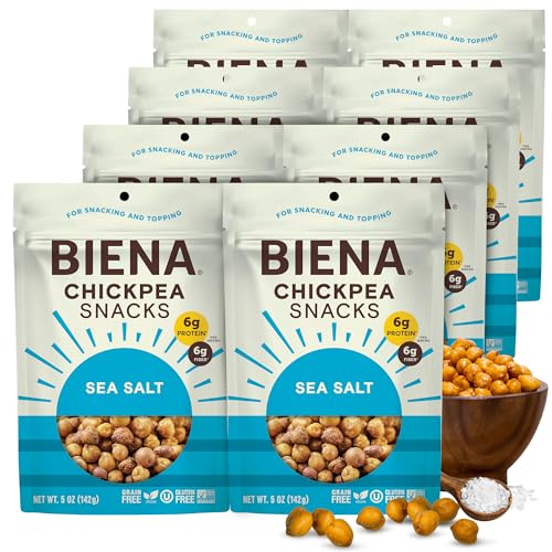 BIENA Chickpea Snacks - Crunchy Roasted Chickpeas - High Fiber Vegan Protein Snacks for Adults and Kids - 8-Pack, 5 Ounce Bags - Sea Salt
