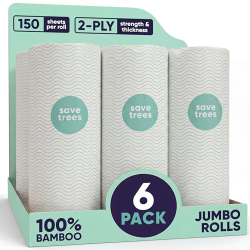 Save Trees Bamboo Paper Towels 6pk - 750 Sheets Paper Towels Rolls Ultra Absorbent & Durable Eco-Friendly - FSC-Certified, totally Plastic-Free