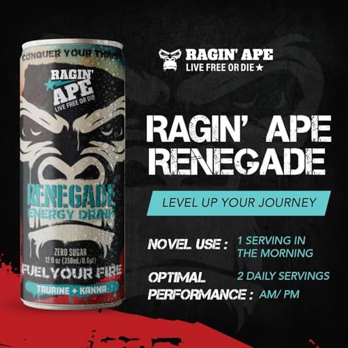 Ragin' Ape Renegade Energy Drink Multipack Vegan Friendly 12 oz Cans with Taurine Kanna and Caffeine Low Calorie Carbonated Beverage For Bold Clean