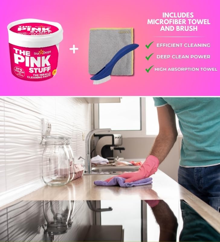 The Pink Stuff Fruity Scent Multi-Purpose Cleaner Paste 17.6 oz Bundle with Microfiber Cloth + Scrub Brush - Tough on Stains - Gentle on Surfaces