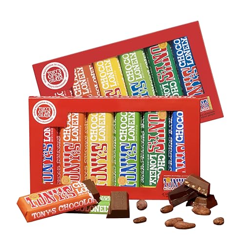Tony’s Chocolonely Rainbow Chocolate Candy Bar Variety Pack, Belgian Dark & Milk Chocolate With Sea Salt, Caramel, Almond, Hazelnut, & Nougat, Made