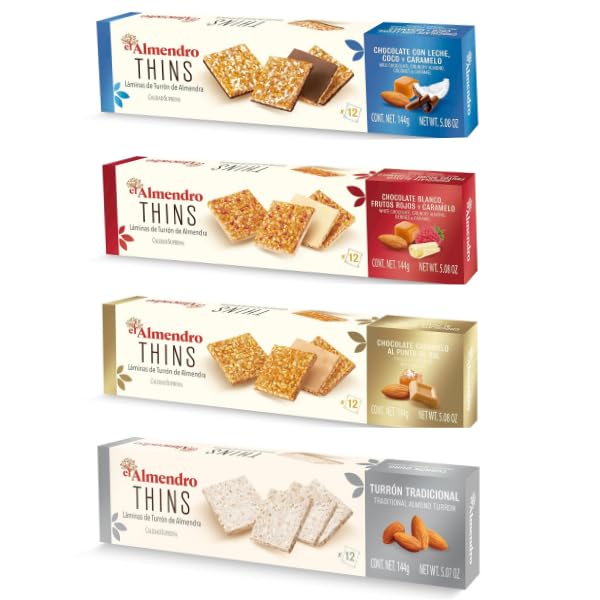 El Almendro Nougat Sheets Almond Turrón Thins, Thin Crunchy Almond Candy, 48 Individually Wrapped Pieces, 4 Assorted Flavors (Coconut & Milk