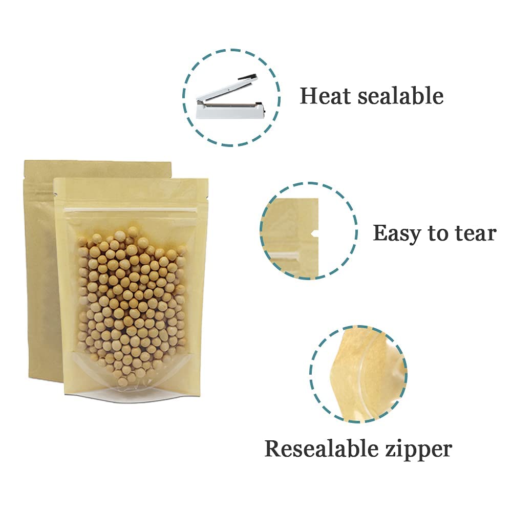 FERENLI 50 Pcs 3.9x5.9 inch (Inside Size 3.1x3.3) Clear Front Brown Kraft Paper for Zip Plastic Package Lock Bag Doypack Stand Up Pouch Reclosable