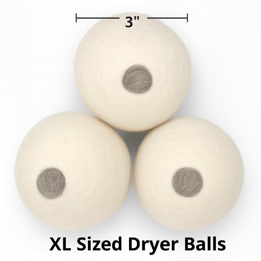 XL Wool Dryer Balls (3-Pack) with Activated Carbon - Odor Eliminating & Fragrance-Free Laundry Deodorizer, Natural Fabric Softener Alternative