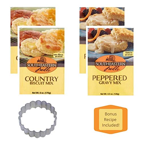 2 Southeastern Mills Country Biscuit Mix 6 oz Packages | 2 Southeastern Mills Peppered Gravy Mix 4.5 oz Packages | One 3.5 Inch Scalloped Biscuit