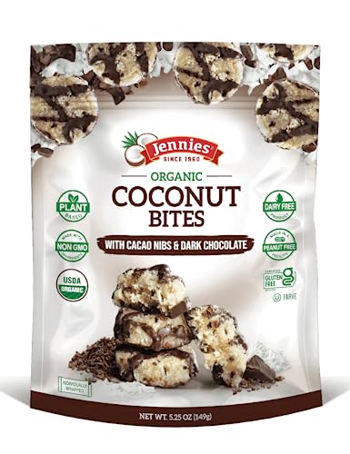 Jennies Organic Coconut Bites with Cacao Nibs and Dark Chocolate, 5.25oz | Gluten Free | Peanut Free | Dairy Free | Non GMO