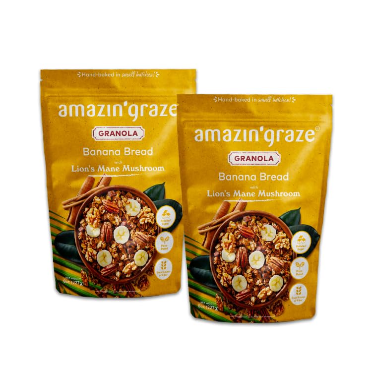 Banana Bread Granola with Lion's Mane Mushroom | Natural, Hand-Baked, Reduced Sugar, Rich in Iron | for Breakfast Cereal, Trailmix, Yogurt | (2-Pack)