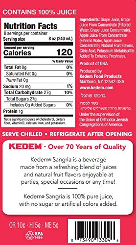 Kedem Sangria Soft Drink, Made of 100% Pure Juice, 64oz, (2 Pack), No Sugar or Artificial Coloring Added