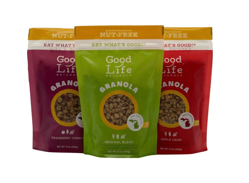 Good Life Natural’s Nut Free Granola Cereal Variety 6 Pack | Apple Crisp, Cranberry Cherry & Original Blend | Natural Ingredients | No Artificial