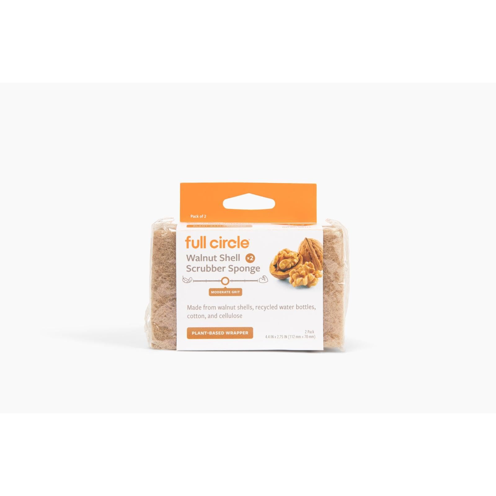 Full Circle Walnut Scrubber Sponges, Pack of 2 - Dual-Sided, Plant-Based & Recycled Kitchen Sponges, Gentle on Nonstick Cookware