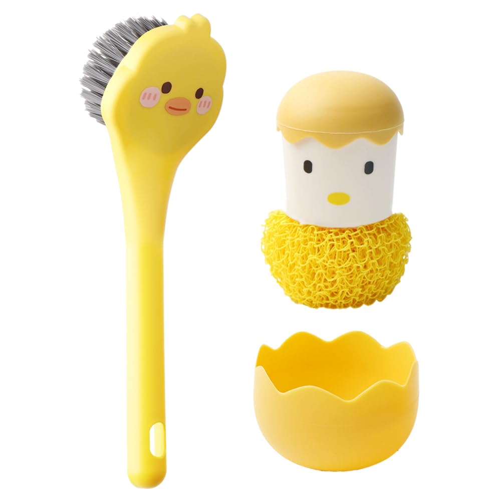 Ximimark 2 PCS Yellow Duck +Yellow Chicken Dish Brush Handle Built-in Scraper, Scrub Brush for Pans, Pots, Kitchen Sink Cleaning