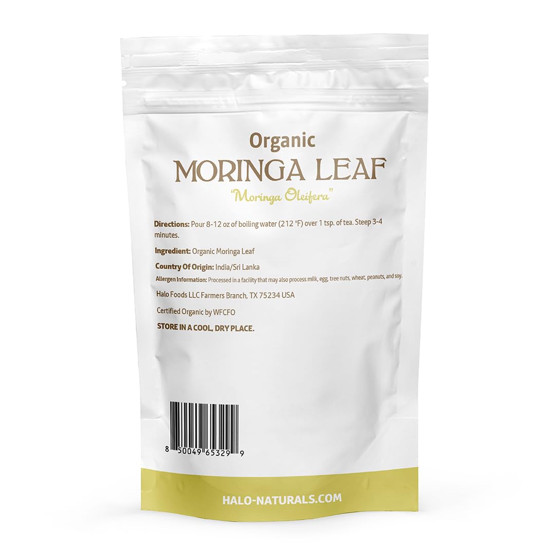 Halo Naturals Organic Moringa Leaf Cut & Sifted, 4 Ounces (Moringa oleifera) USDA Certified | Resealable Pouch| Packaged in The USA