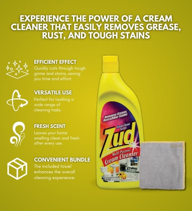 Zud Multi-Purpose Cream Cleanser 19 oz Bundle with Microfiber Cloth - Powerful Degreaser and Rust Remover for Kitchen, Shower, and Countertops - Tough