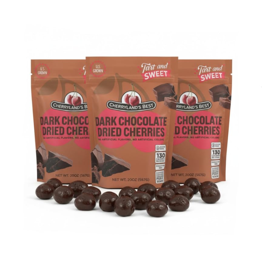 CHERRYLAND'S BEST Chocolate Covered Cherries, Milk Chocolate, Dark Chocolate and Yogurt Varieties, All Natural, Reasealable Bags (20oz (3 pack), Dark